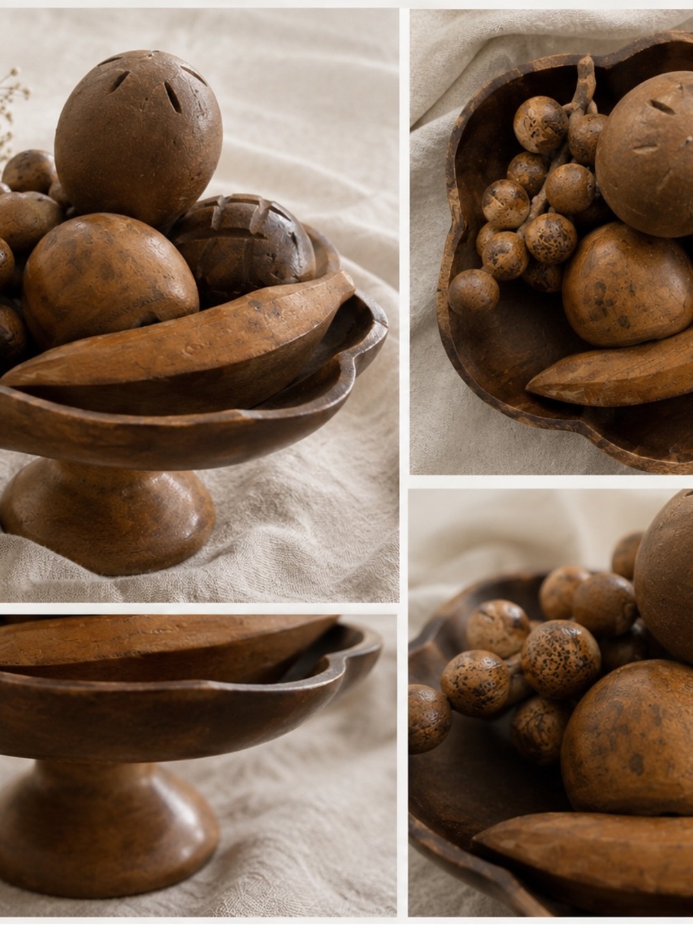 Vintage Hand-Carved Wooden Fruit Pedestal Bowl Centerpiece
